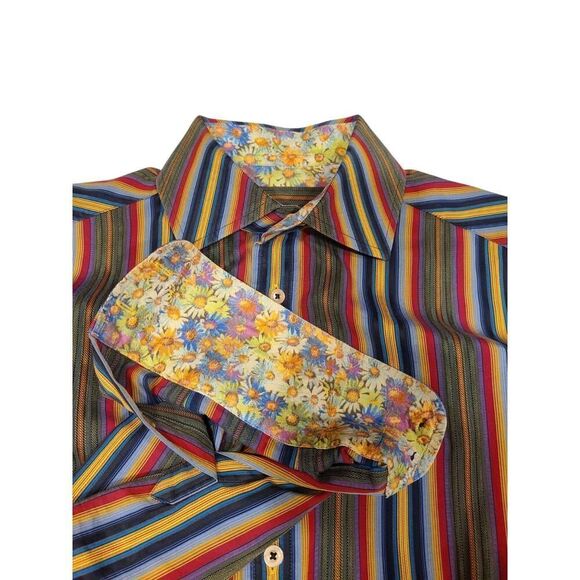 Robert Graham Mens Flip Cuff Shirt Green Red Blue Stripe DAISY Reverse Print | L - Picture 1 of 13